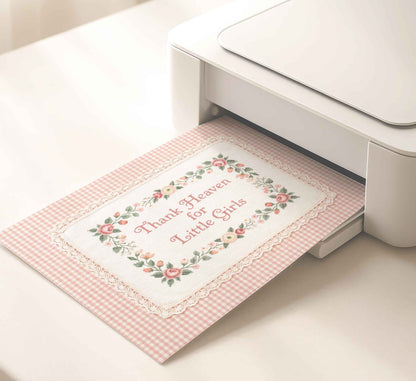 Thank Heaven for Little Girls print with embroidered strawberry cross stitch detail