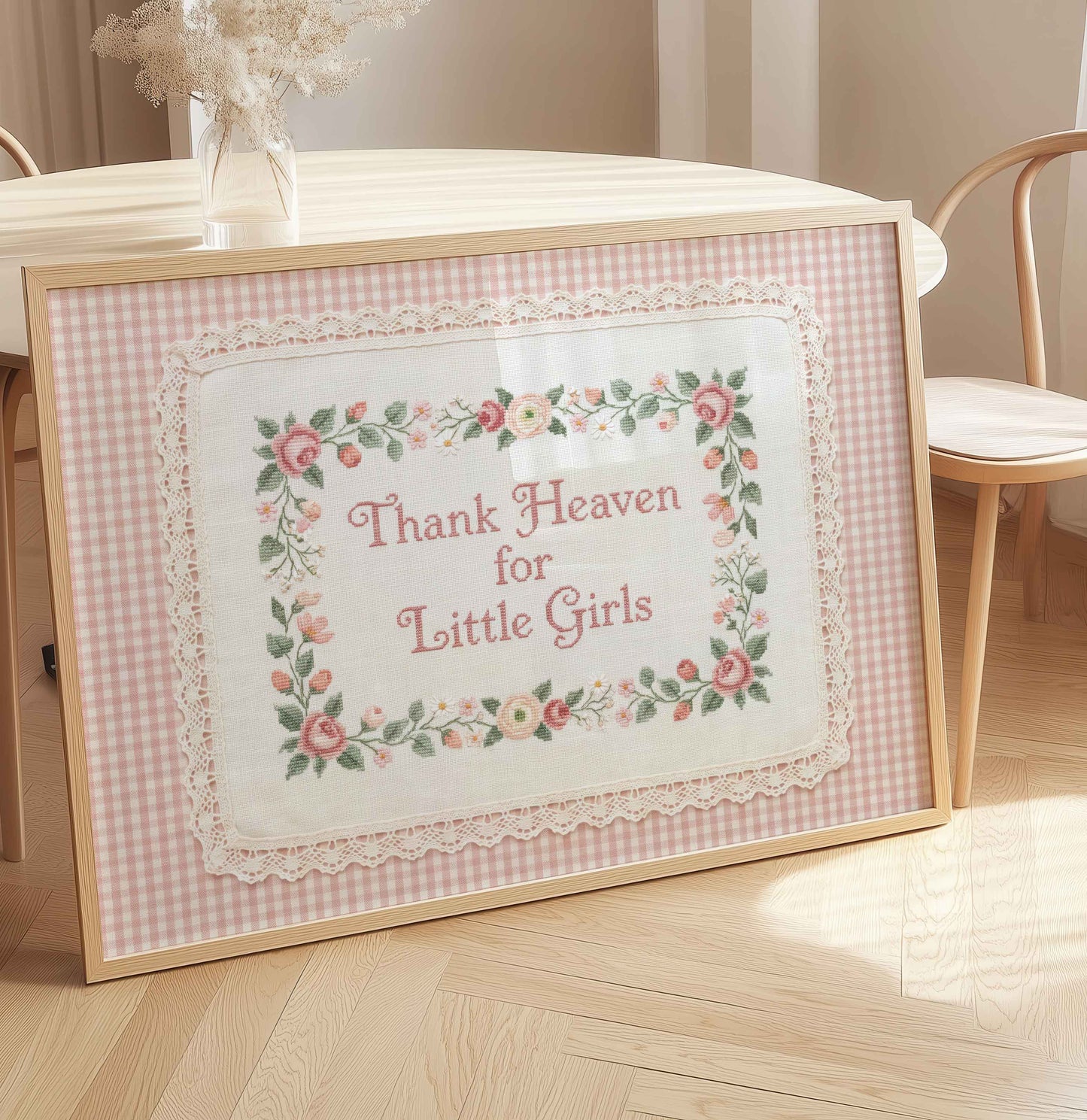 Faux embroidery nursery print for a cozy playroom wall