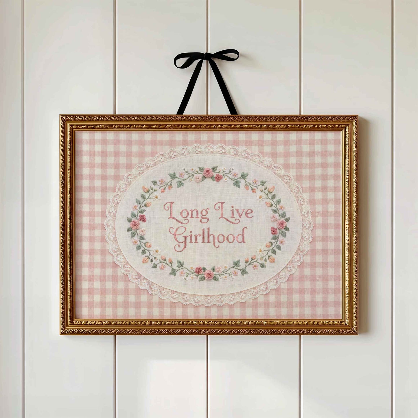 Pink gingham nursery print with ornate oval lace border