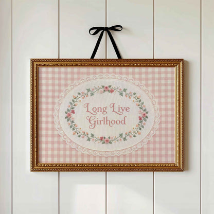 Pink gingham nursery print with ornate oval lace border