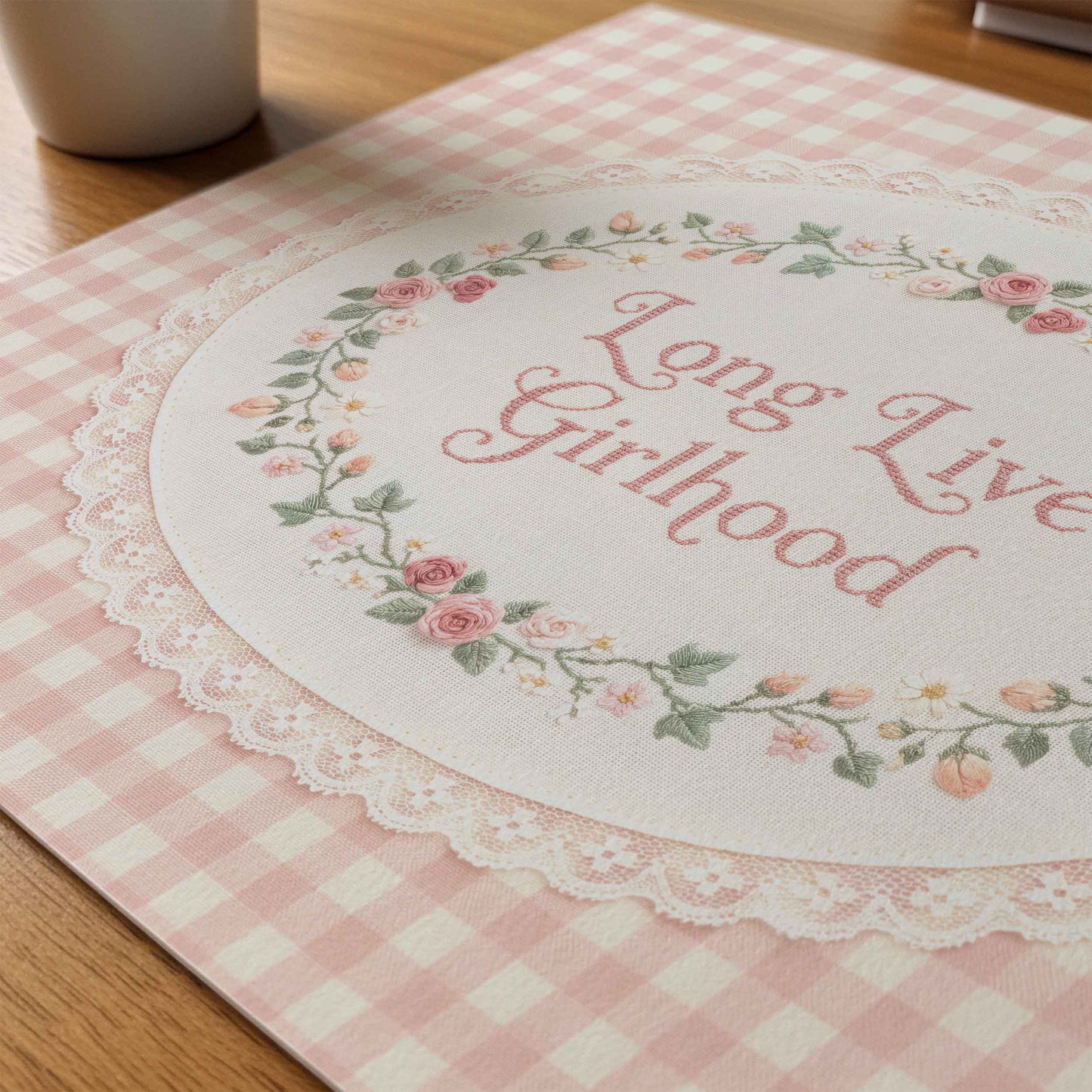 Vintage cross stitch style nursery print with pastel pink gingham background