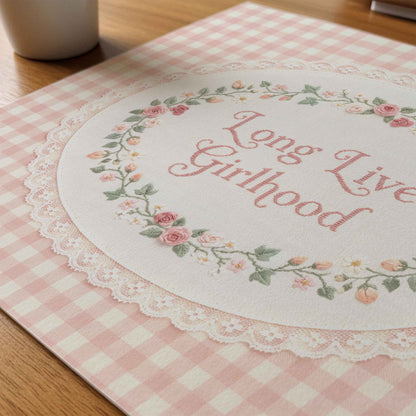 Vintage cross stitch style nursery print with pastel pink gingham background