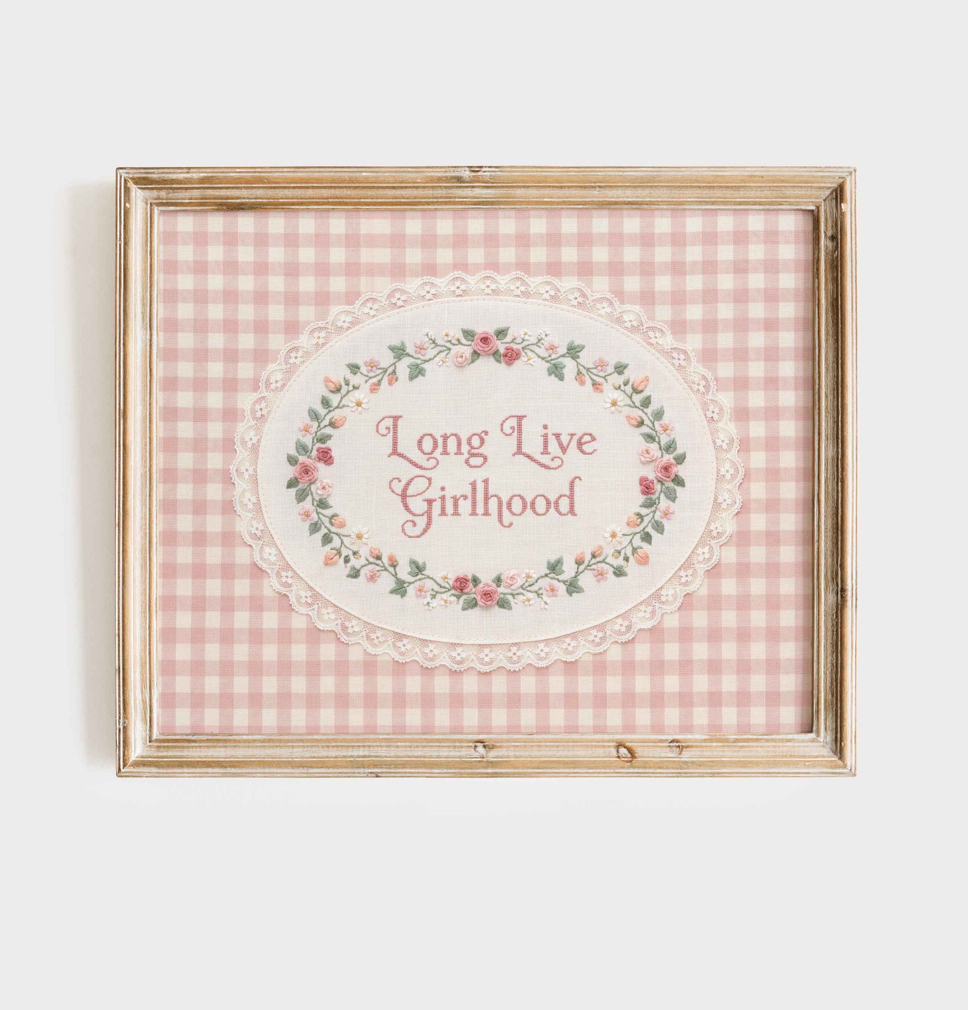 Pink gingham Long Live Girlhood faux embroidery print in an oval lace frame