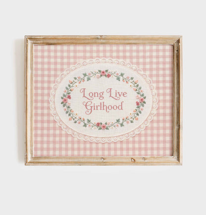 Pink gingham Long Live Girlhood faux embroidery print in an oval lace frame