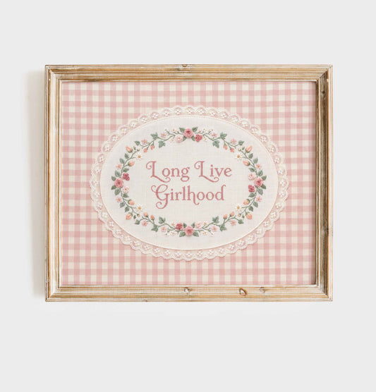 Pink gingham Long Live Girlhood faux embroidery print in an oval lace frame