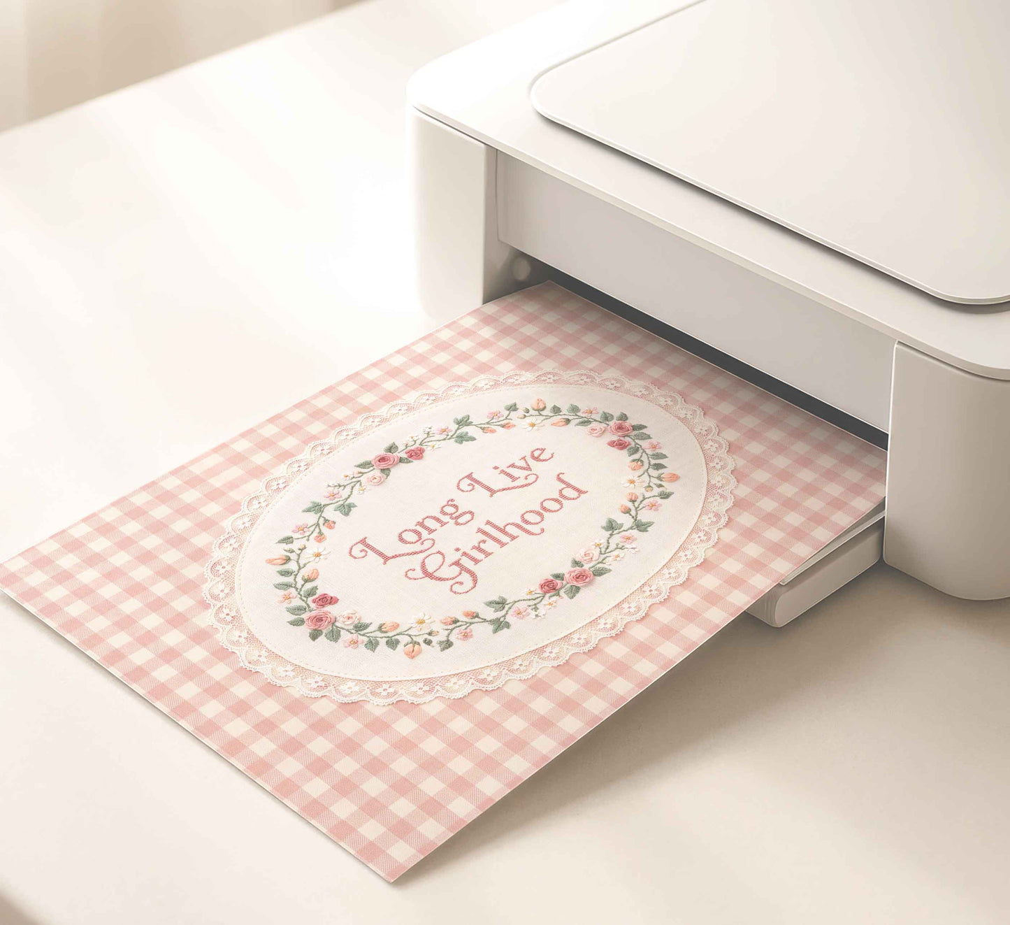 Long Live Girlhood print with pink rose cross stitch detail