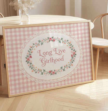 Faux embroidery Long Live Girlhood print for a baby girl nursery