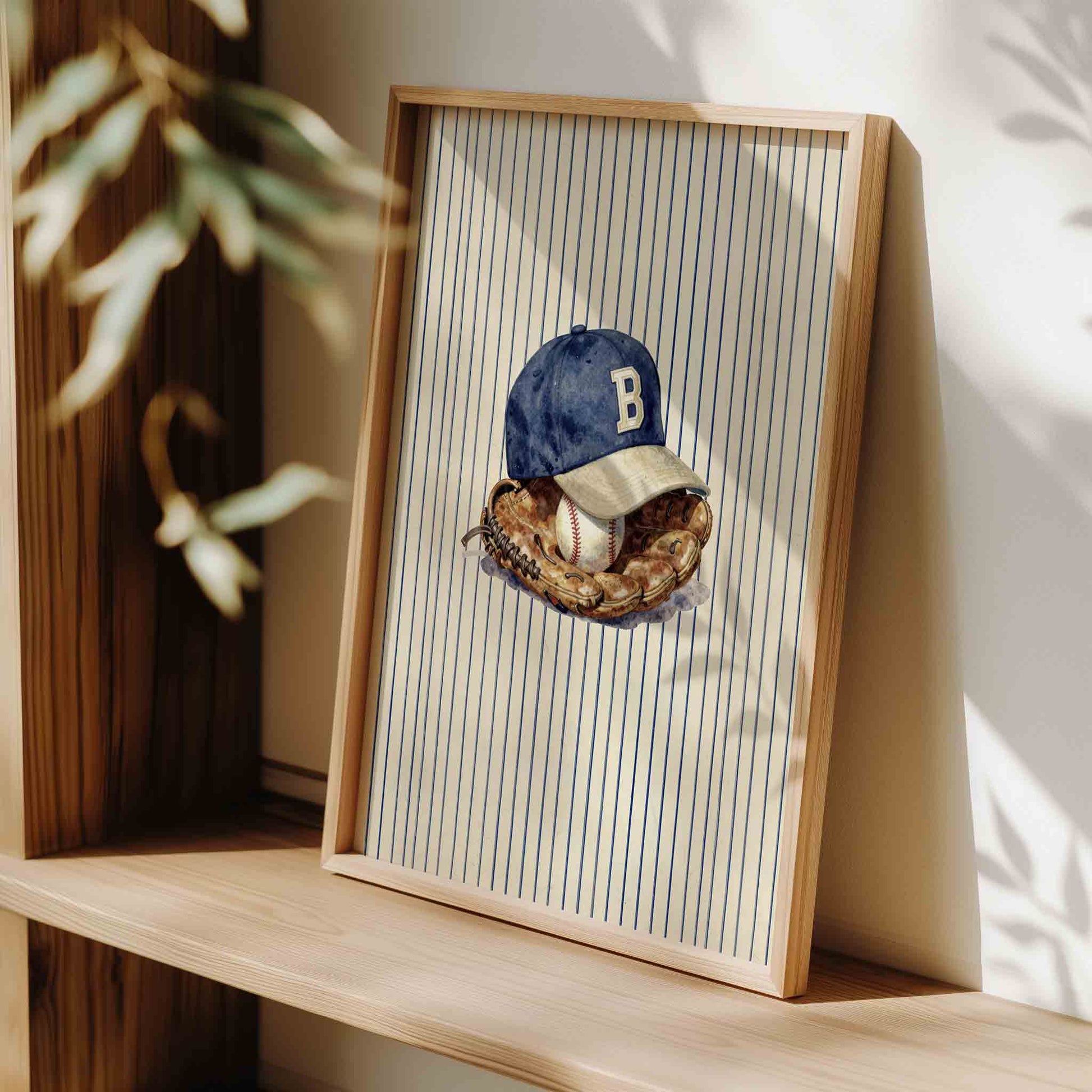 Preppy baseball nursery print with vintage glove on navy stripe for a boys room