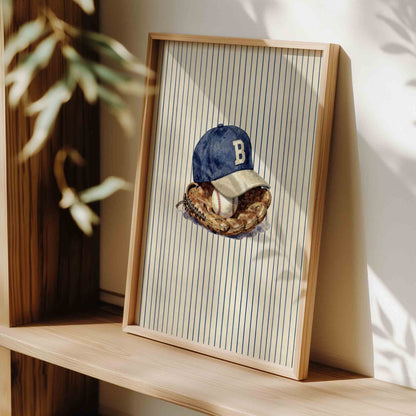 Preppy baseball nursery print with vintage glove on navy stripe for a boys room