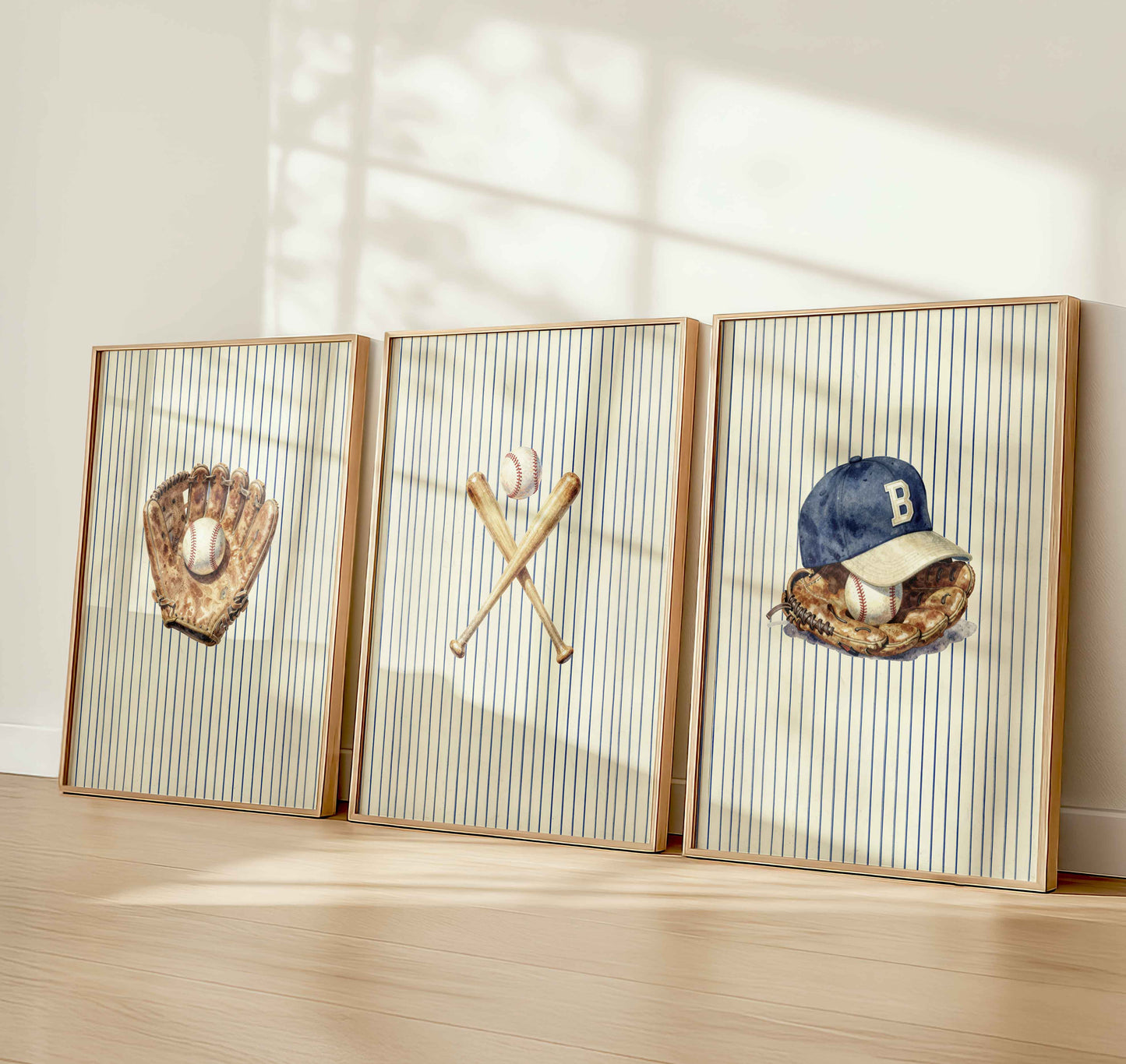 Preppy baseball nursery wall art set of 3 for a boys room on navy pinstripes