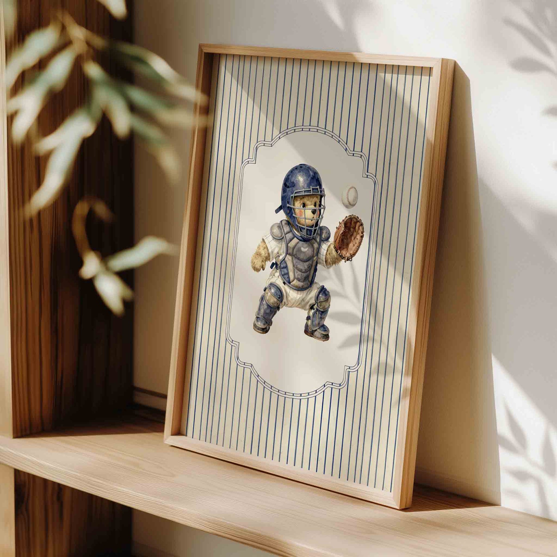 Preppy baseball teddy bear nursery art set on navy stripes for a boys room