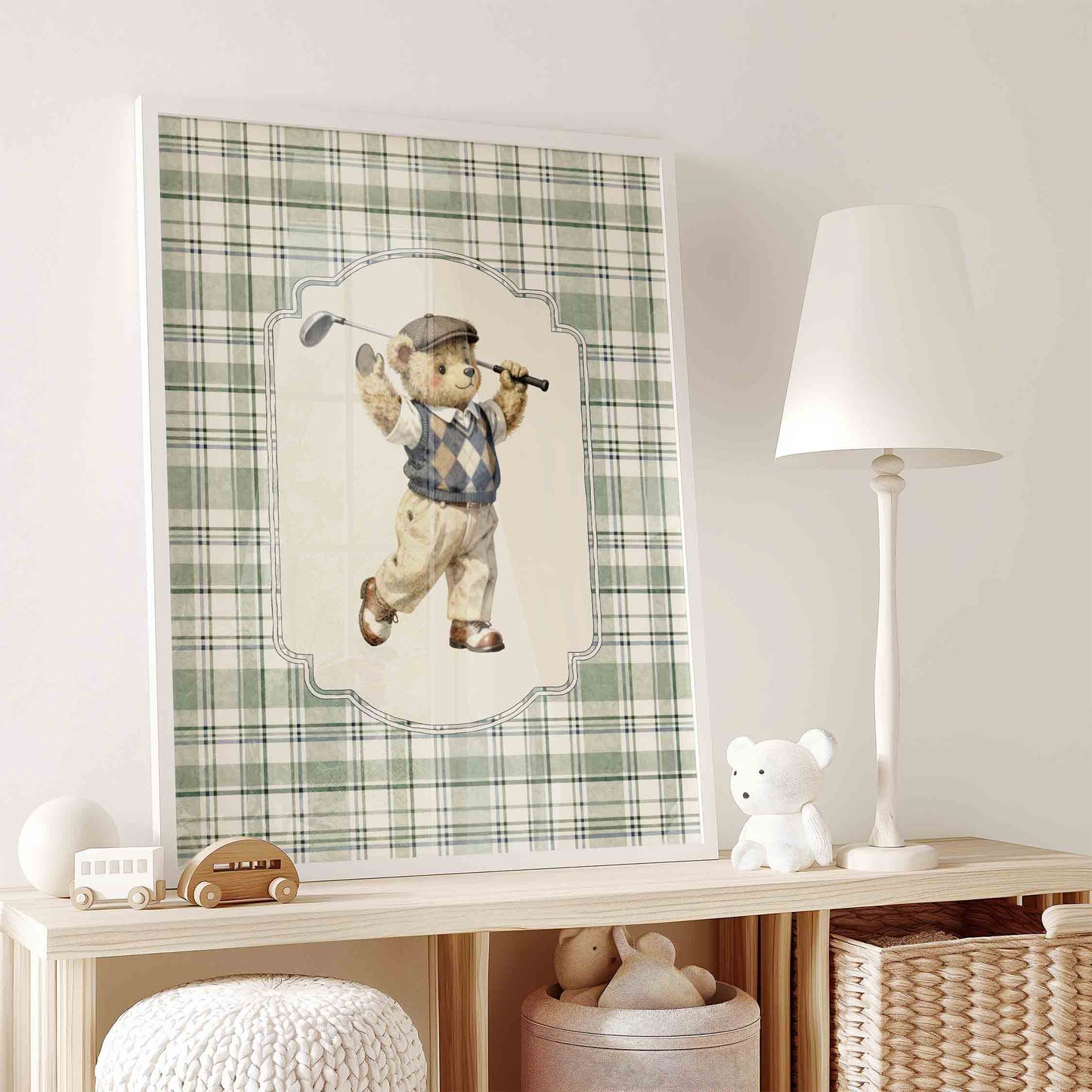 Preppy teddy bear golfer watercolor print for a classic country club boys nursery wall