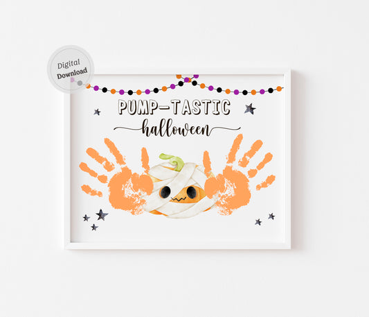 Pump-Tastic mummy pumpkin handprint art printable Halloween template