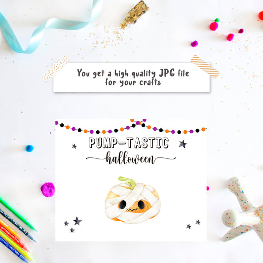 Toddler mummy pumpkin handprint art template with beaded garland for Halloween