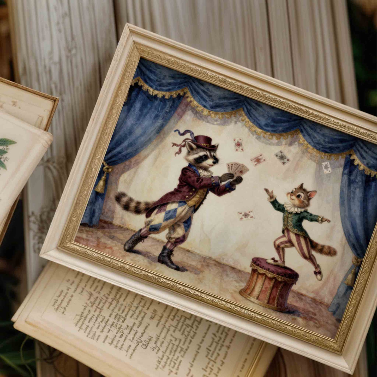 Raccoon and squirrel circus performers on stage print for a vintage nursery room