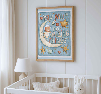 Retro wall art featuring an astronaut bear beside a glowing crescent moon