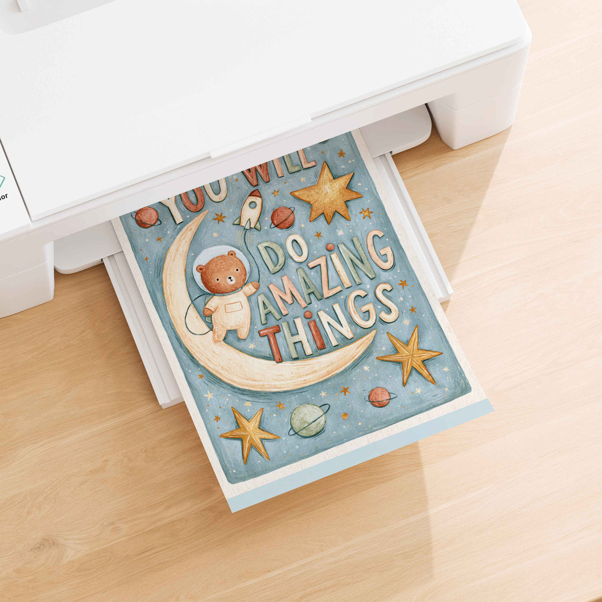 Retro astronaut bear print in dusty blue with warm gold and rust