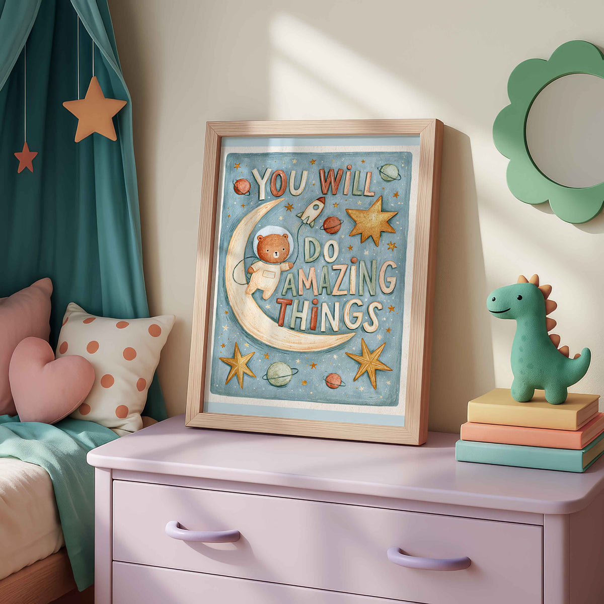 Retro astronaut bear wall art with golden stars in a dusty blue sky