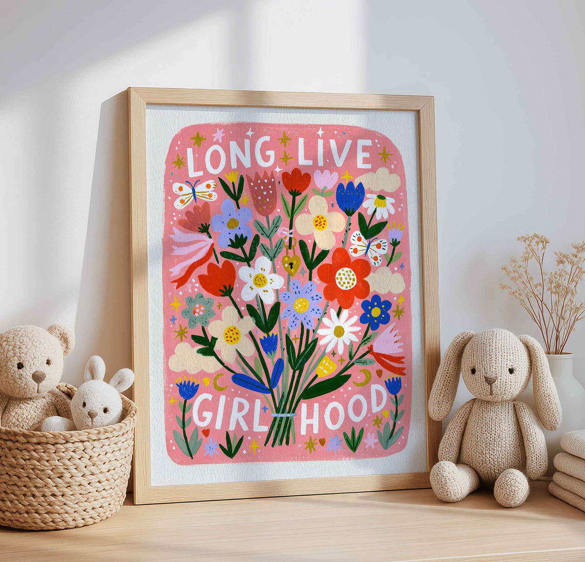 Long Live Girlhood in hand lettering on a retro bright flower bouquet wall art print