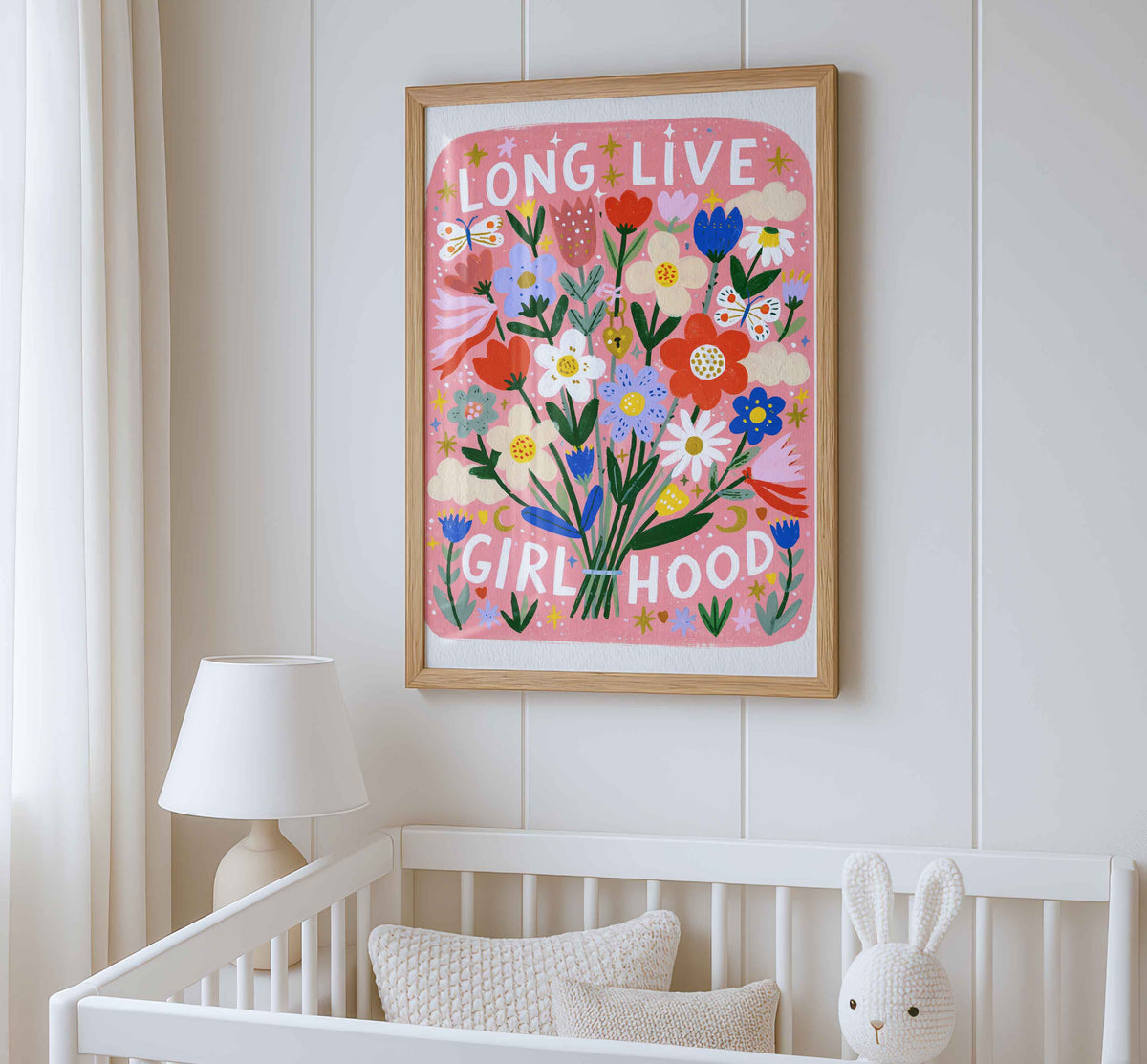 Retro wall art featuring red tulips, cornflower blue blooms and white daisies