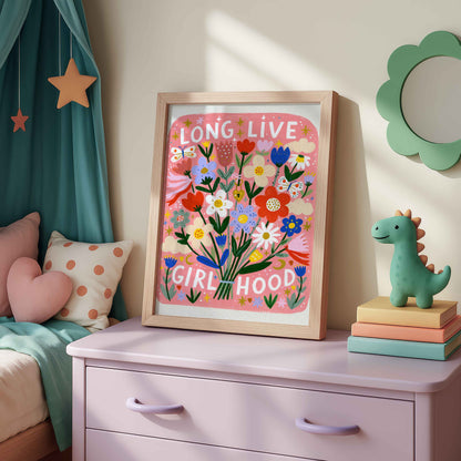 Retro bright flower bouquet wall art with butterflies, clouds and stars