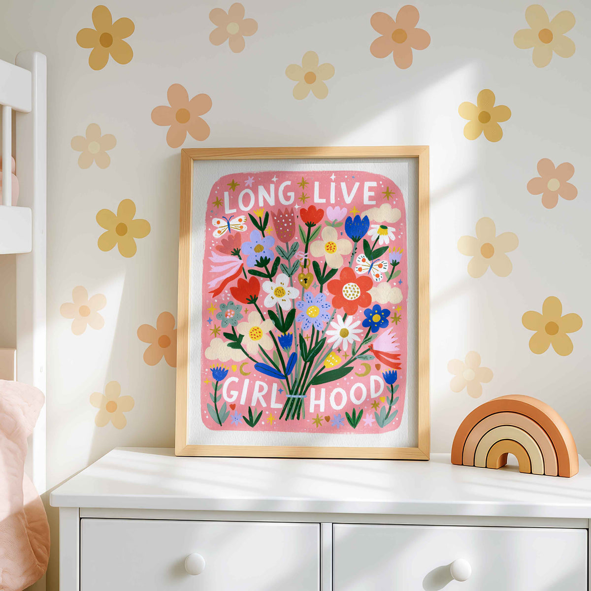 Retro wall art pairing red tulips, cornflower blue blooms and white daisies with a tiny golden heart lock among the stems