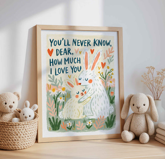 Navy hand lettering on a retro bunny hug wall art print