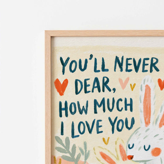 Retro wall art pairing two bunnies sharing a nose to nose hug with daisies, tulips and little hearts