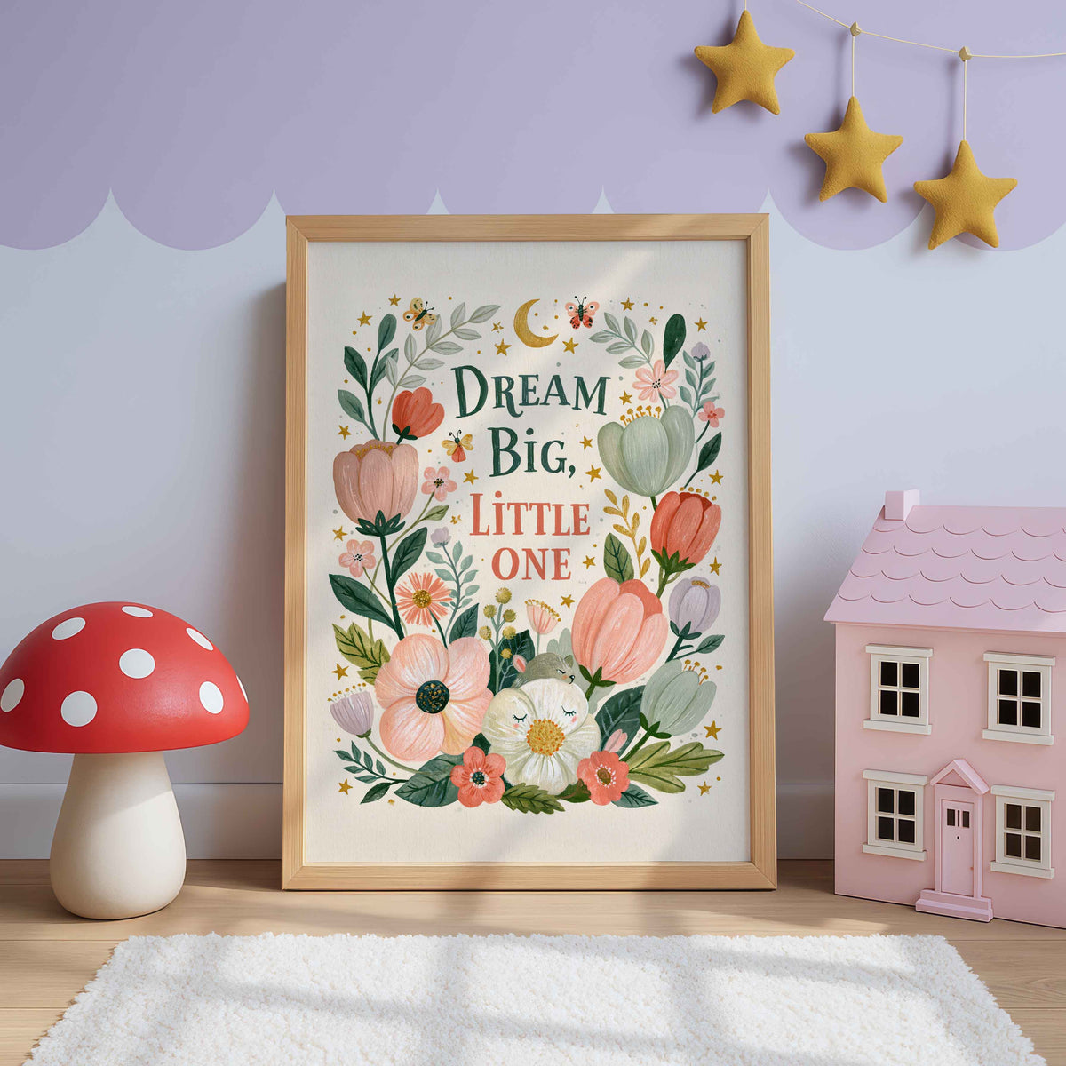 Retro floral wall art with tulips, poppies and butterflies under a gold moon, lettered Dream Big, Little One
