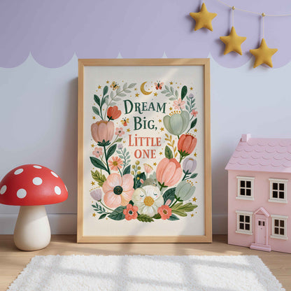 Retro floral wall art with tulips, poppies and butterflies under a gold moon, lettered Dream Big, Little One