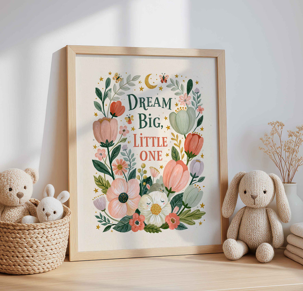 Dream Big, Little One in hand lettering on a retro tulip and poppy floral wall art print