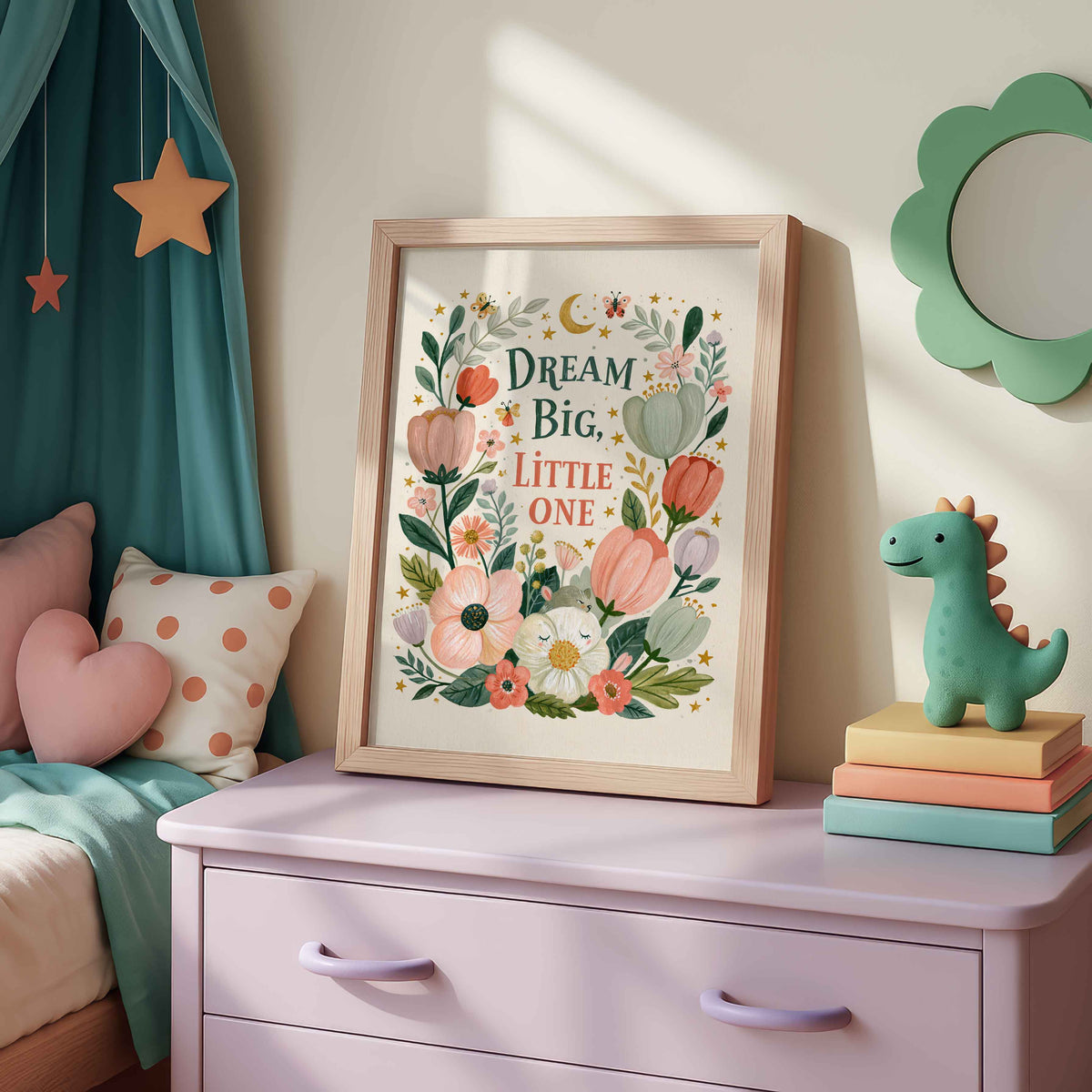 Retro tulip and poppy floral wall art with a gold crescent moon and stars