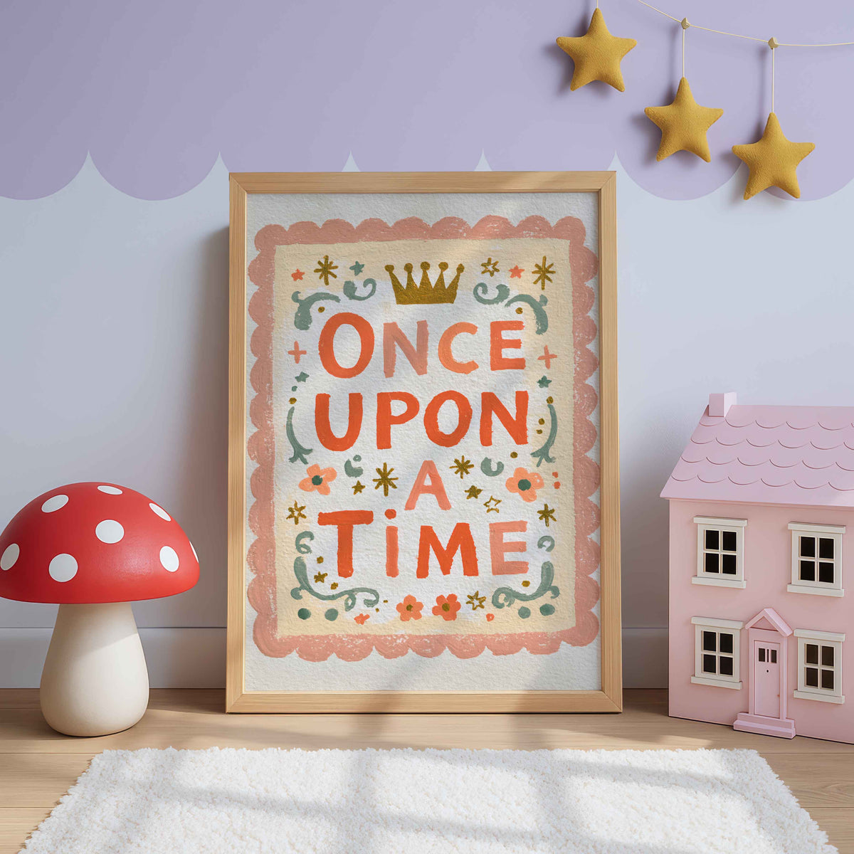Retro fairy tale wall art with bold coral Once Upon A Time letters, a golden crown and a scalloped blush border