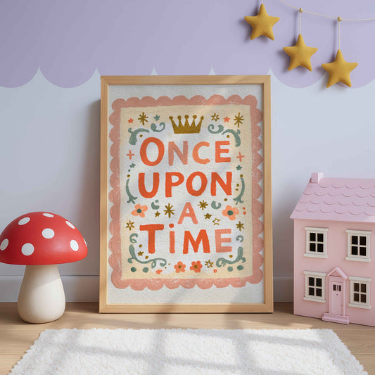 Retro fairy tale wall art with bold coral Once Upon A Time letters, a golden crown and a scalloped blush border