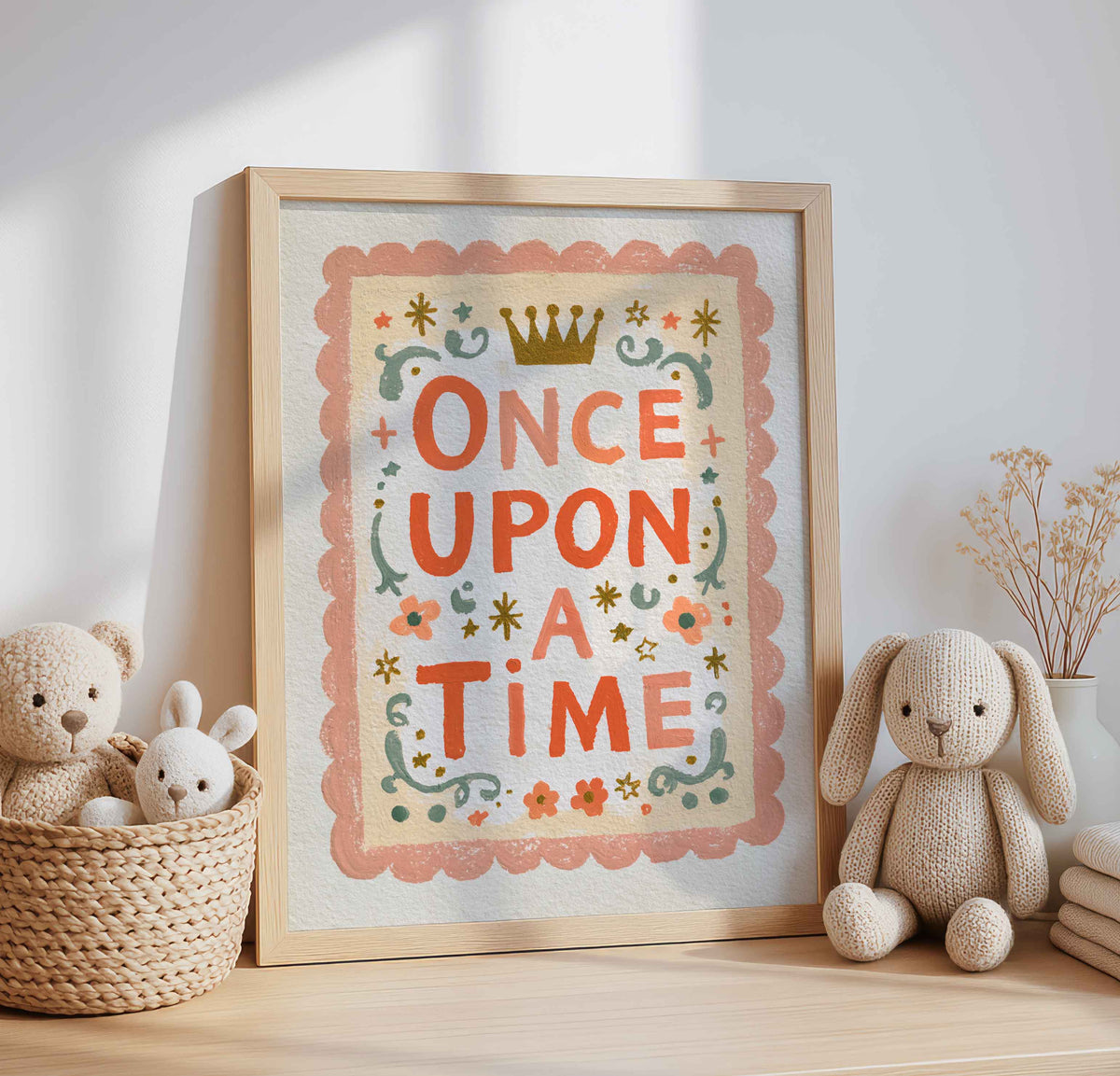 Once Upon A Time in hand lettering on a retro fairy tale wall art print