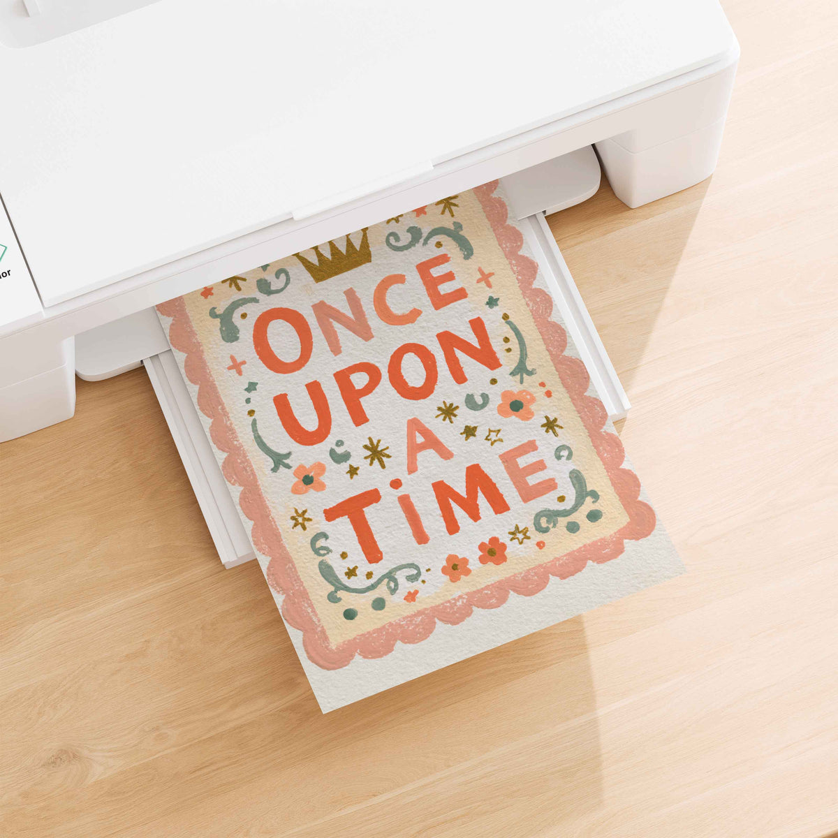 Retro fairy tale print in warm peach, cream and moss green