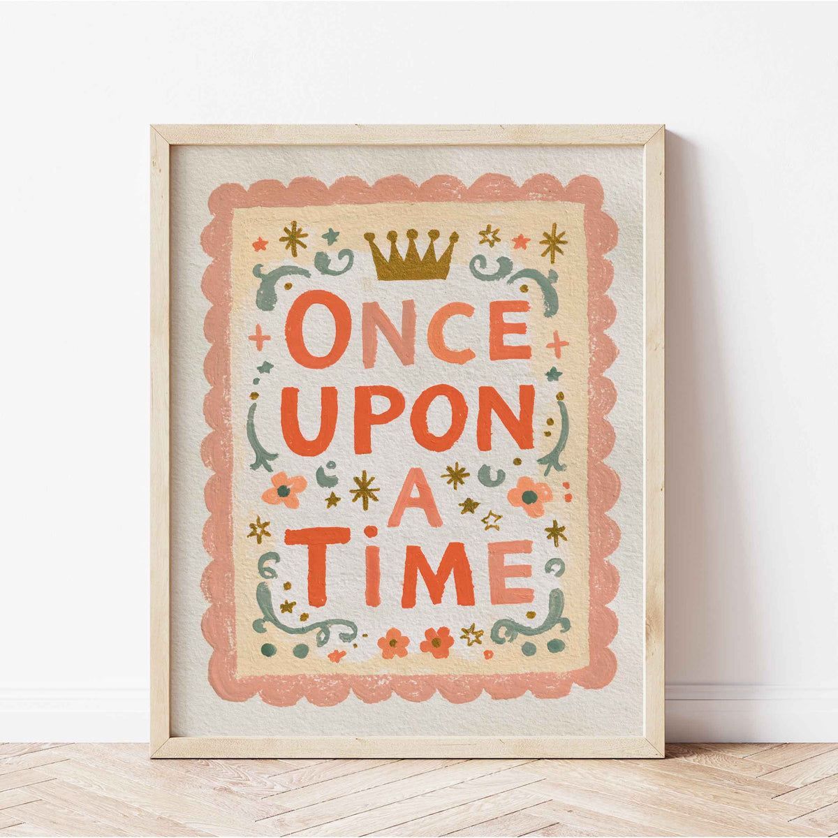 Retro wall art with a golden crown and sage swirls