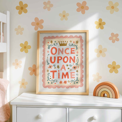 Retro wall art pairing bold coral letters with a golden crown and sage swirls
