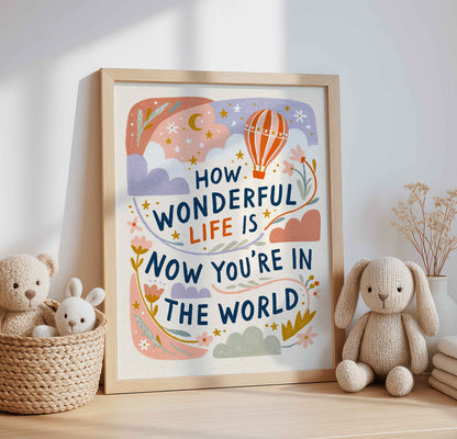 Navy hand lettering on a retro hot air balloon wall art print