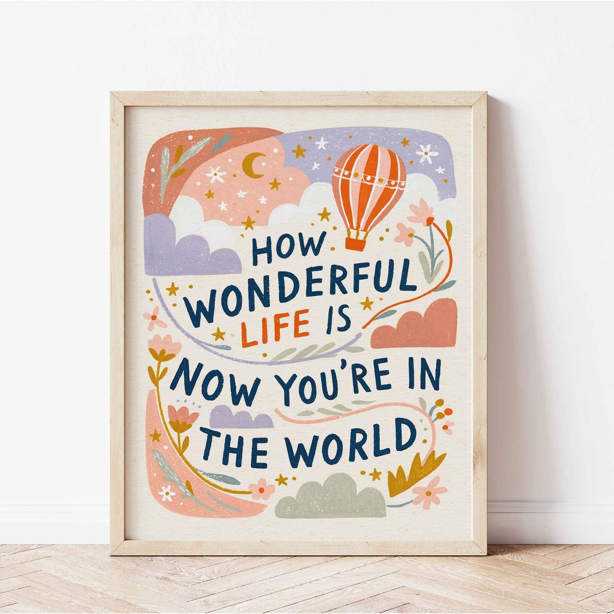 Retro wall art with clouds, golden stars and a crescent moon