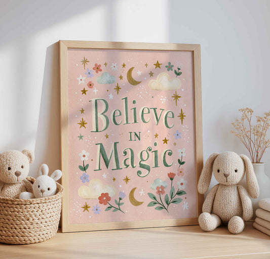 Believe In Magic in hand lettering on a retro moon and stars wall art print