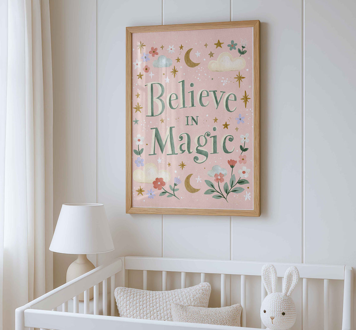 Retro wall art featuring green lettering on a rosy pink field