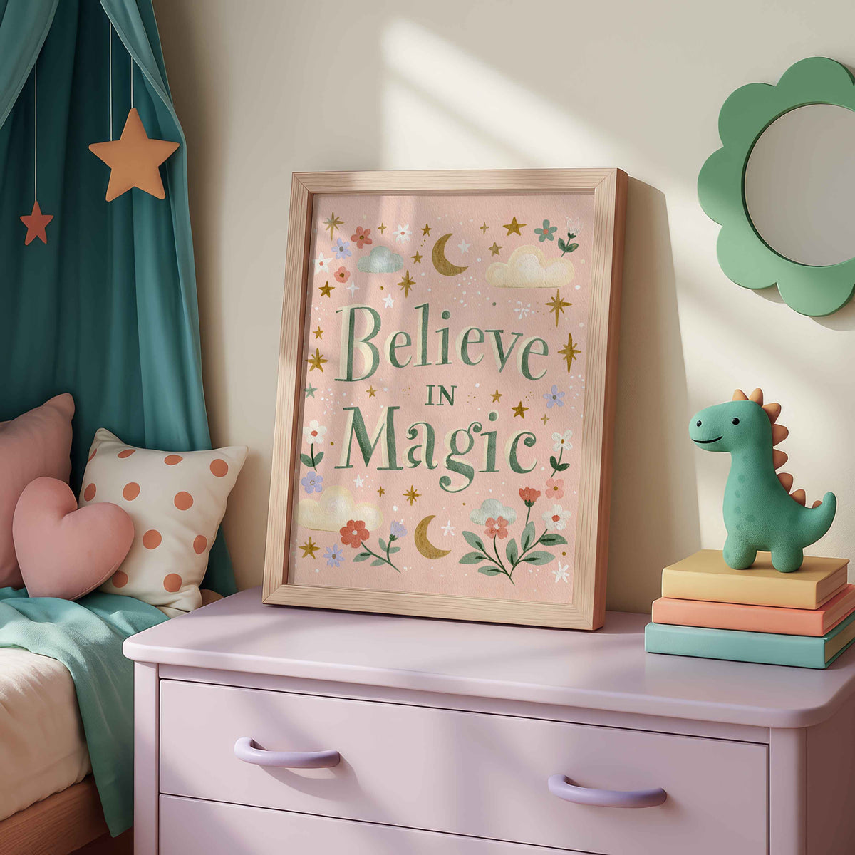 Retro moon and stars wall art with puffy clouds and small flowers