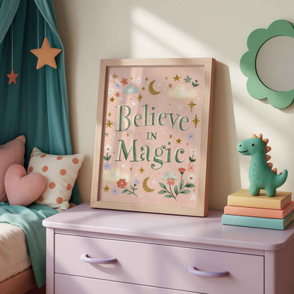 Retro moon and stars wall art with puffy clouds and small flowers