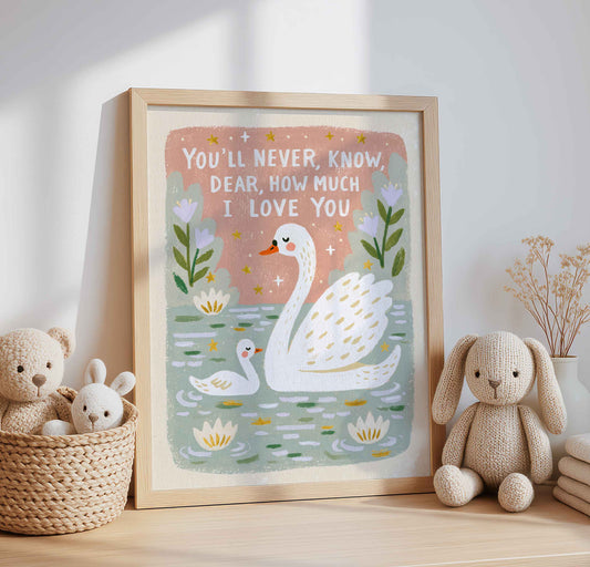 Retro wall art of a mother swan and her cygnet gliding across a sage green pond under a blush pink sky