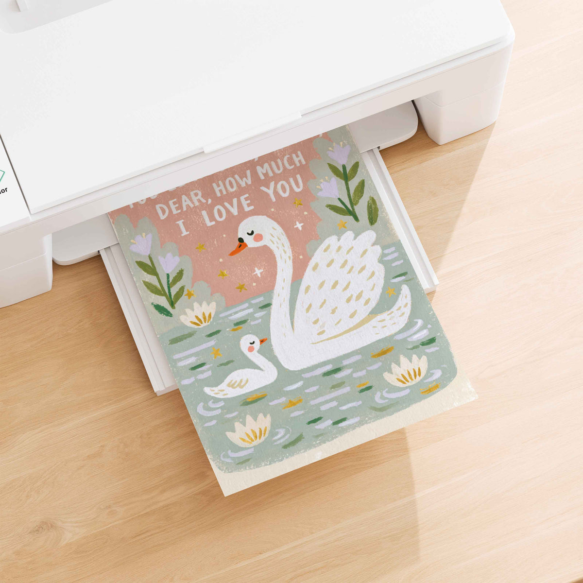 Retro wall art featuring a mother swan with her little cygnet