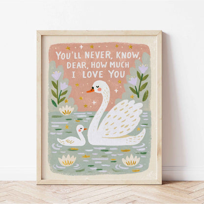 Retro swan and cygnet print in sage, blush and cream