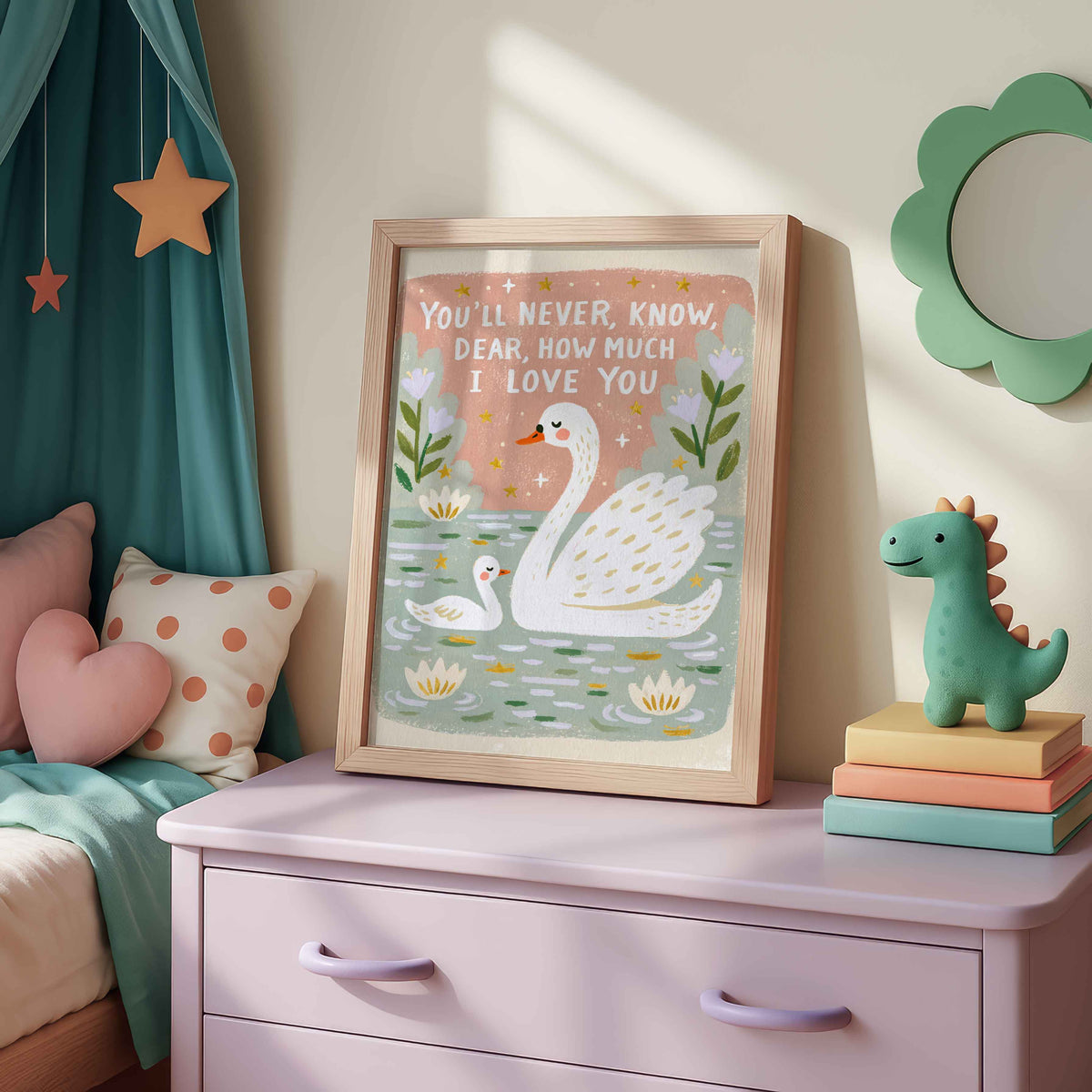 Retro swan and cygnet love quote print for a reading corner or kids bedroom