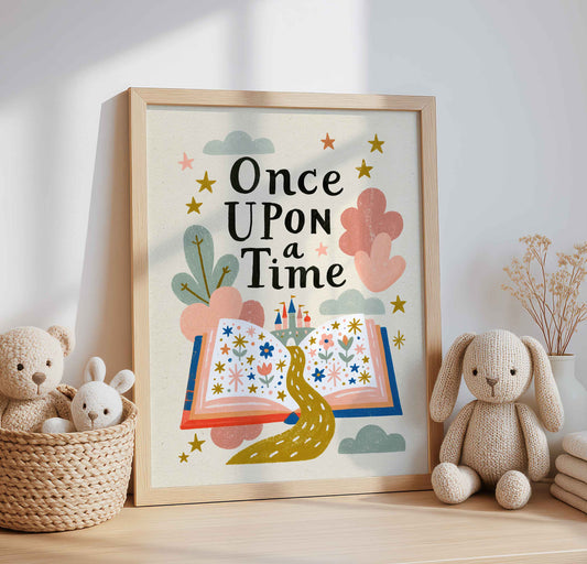 Once Upon A Time in hand lettering on a retro open book and castle wall art print