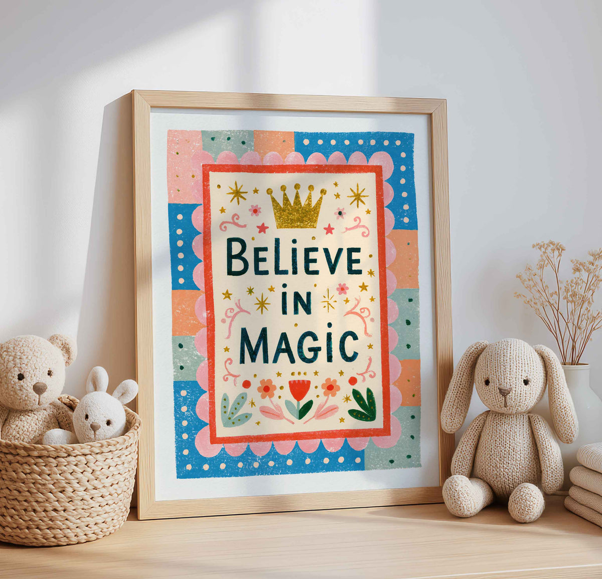 Believe In Magic in hand lettering on a retro princess crown wall art print